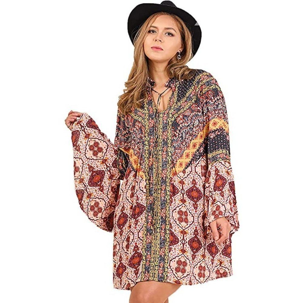 Colorful Berry Multi-Print Trumpet Sleeve Boho Mini Dress